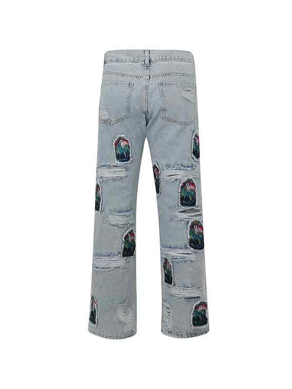 Jeans sueltos con parche de bordado rasgado para hombre-3