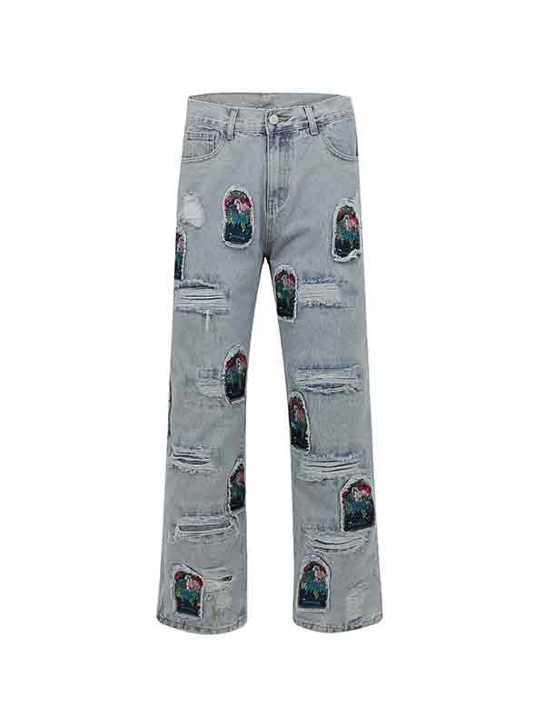 Jeans sueltos con parche de bordado rasgado para hombre-2