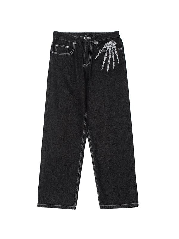 Vaqueros holgados con detalle de puntada y estampado de esqueleto para hombre-1