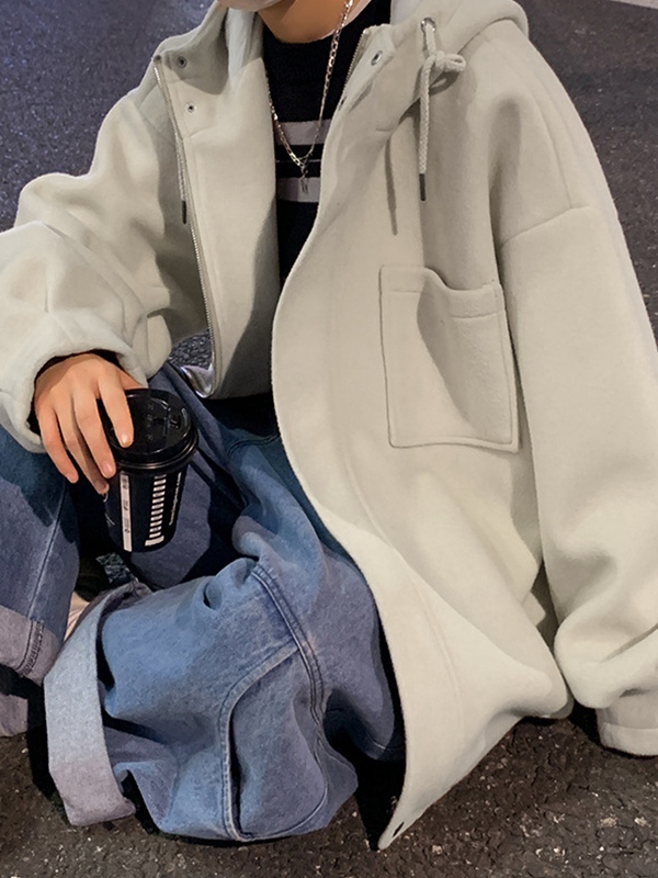 Chaqueta de lana corta con cremallera y capucha unicolor para hombre-1