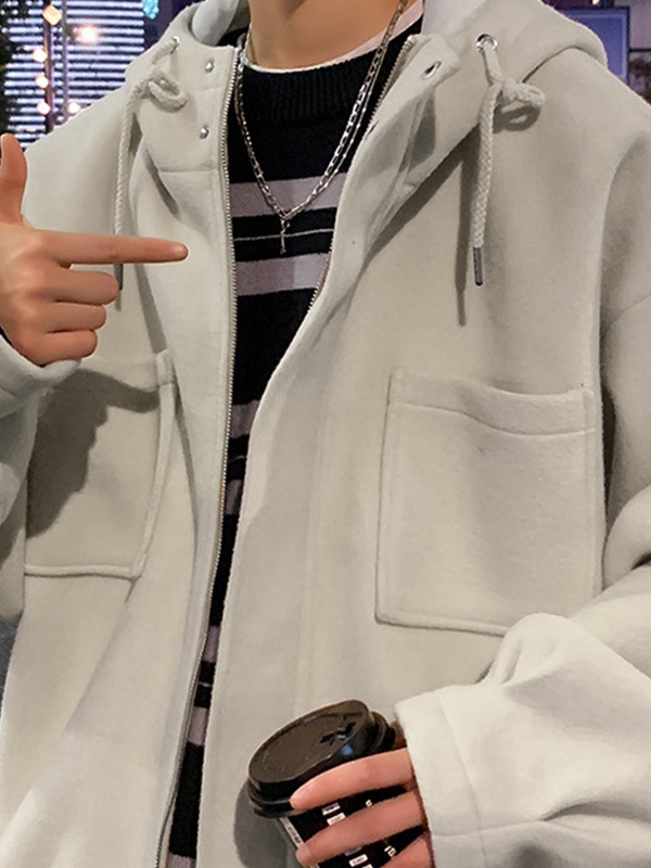 Chaqueta de lana corta con cremallera y capucha unicolor para hombre-2