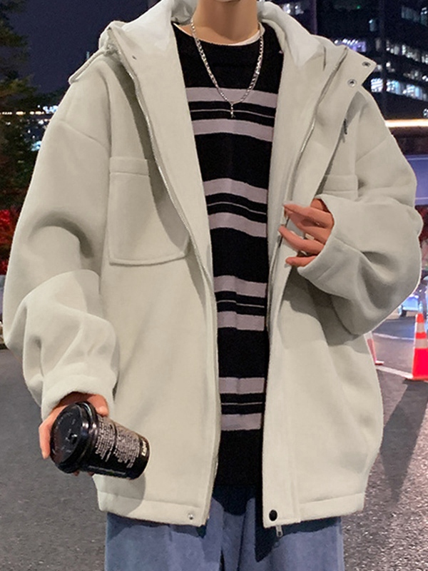 Chaqueta de lana corta con cremallera y capucha unicolor para hombre-3
