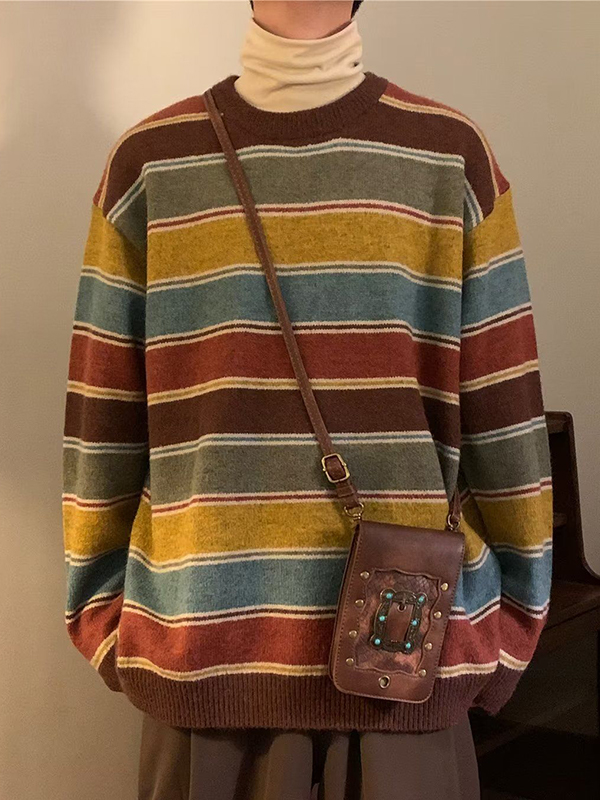 Suéter vintage con cuello redondo y rayas arcoíris para hombre-1