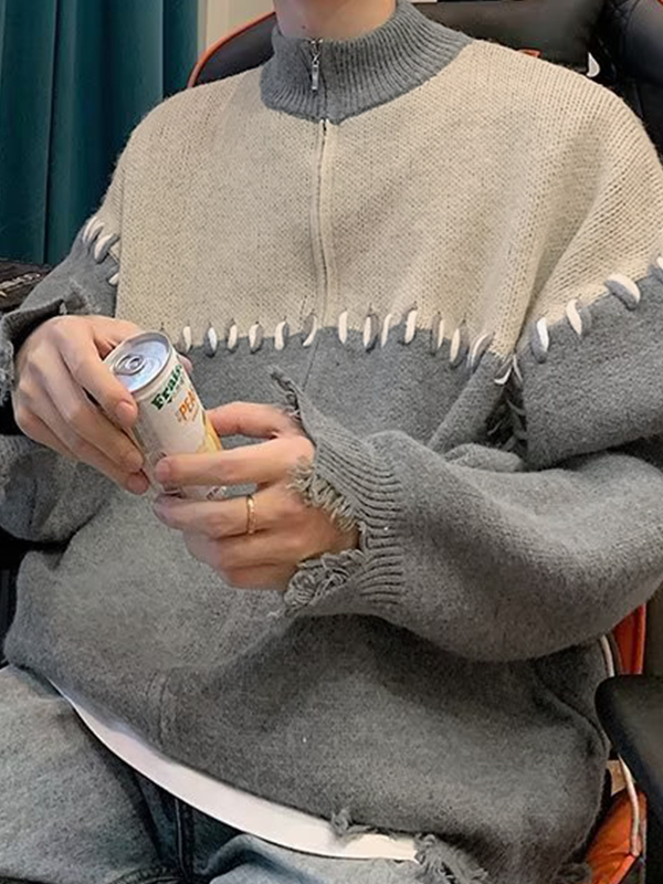 Chaqueta de punto con cremallera y diseño andrajoso de empalme para hombre-2