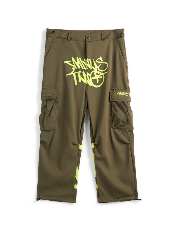 Pantalones anchos con cordón y múltiples bolsillos con estampado de letras para hombre-3