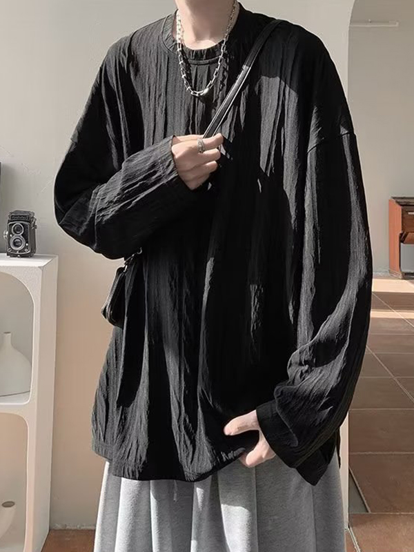 Camiseta de manga larga con cuello redondo y textura sólida para hombre-2