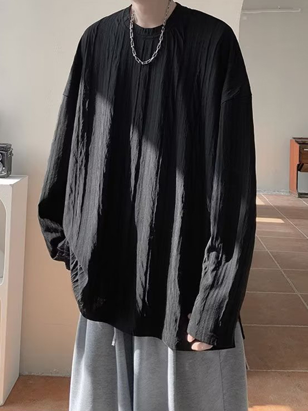 Camiseta de manga larga con cuello redondo y textura sólida para hombre-1