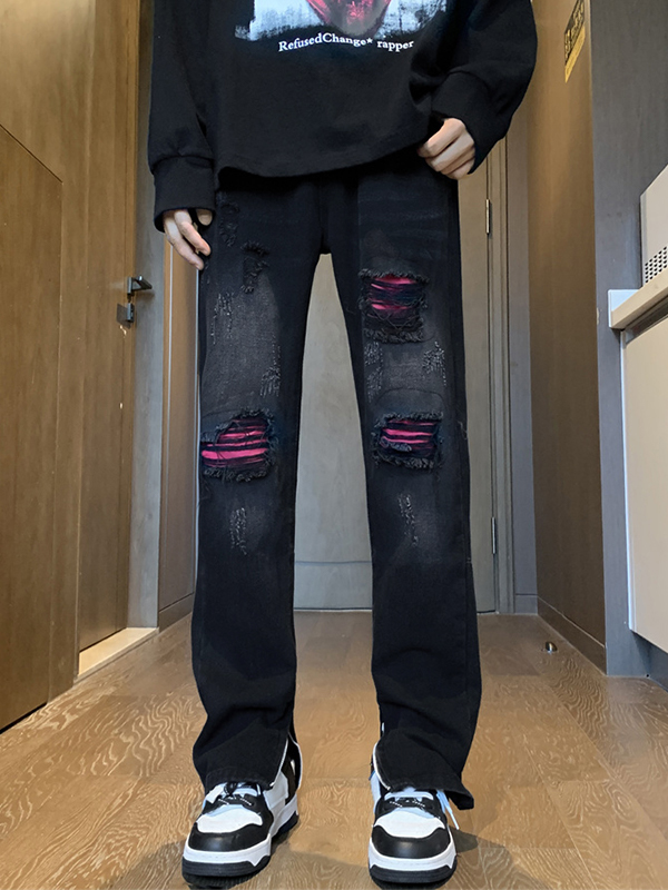 Pantalones de pierna recta con cremallera lateral rasgada y parche en contraste para hombre-1