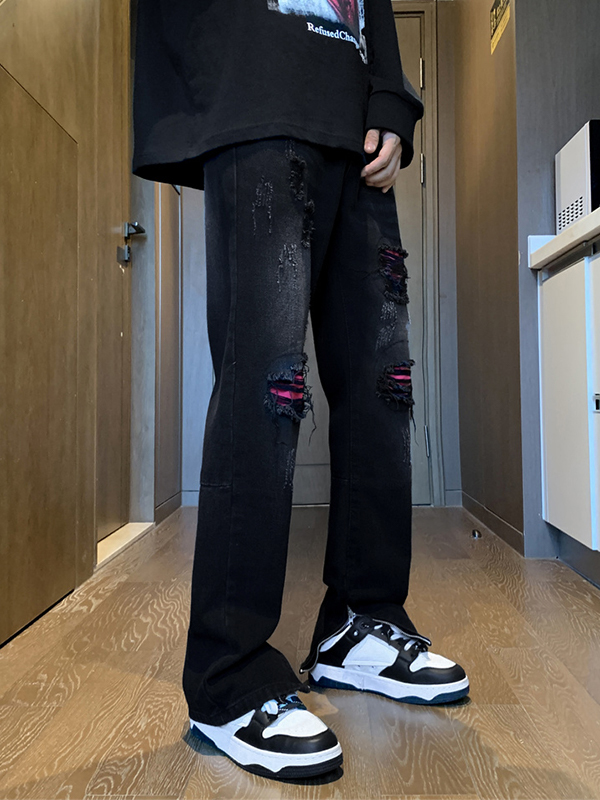 Pantalones de pierna recta con cremallera lateral rasgada y parche en contraste para hombre-3