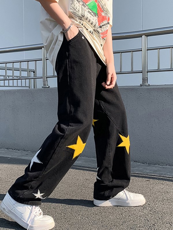 Jeans sueltos con estampado de estrellas y parches para hombre-2