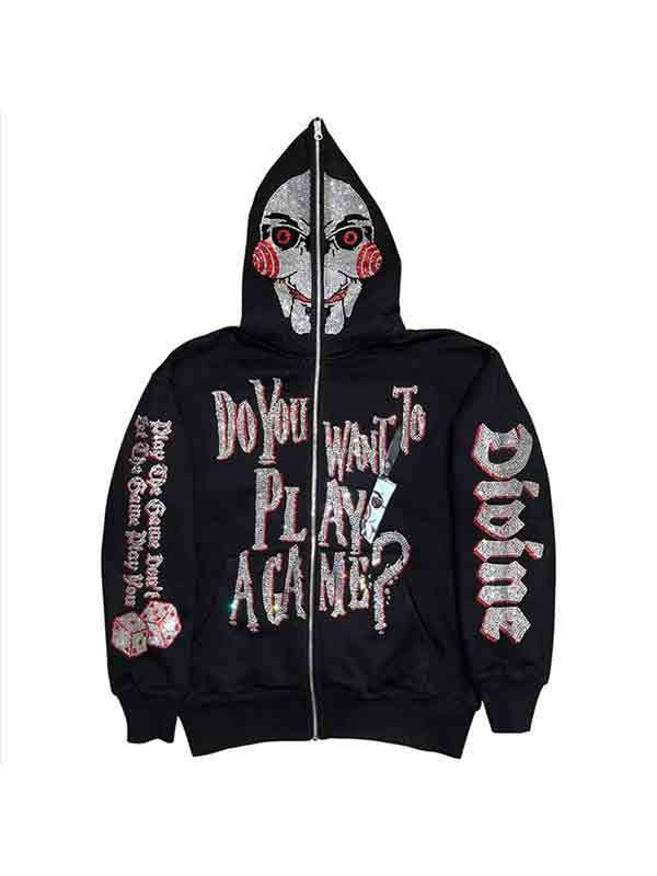 Sudadera con capucha extragrande con estampado de diamantes de imitación Hip Pop para hombre-3