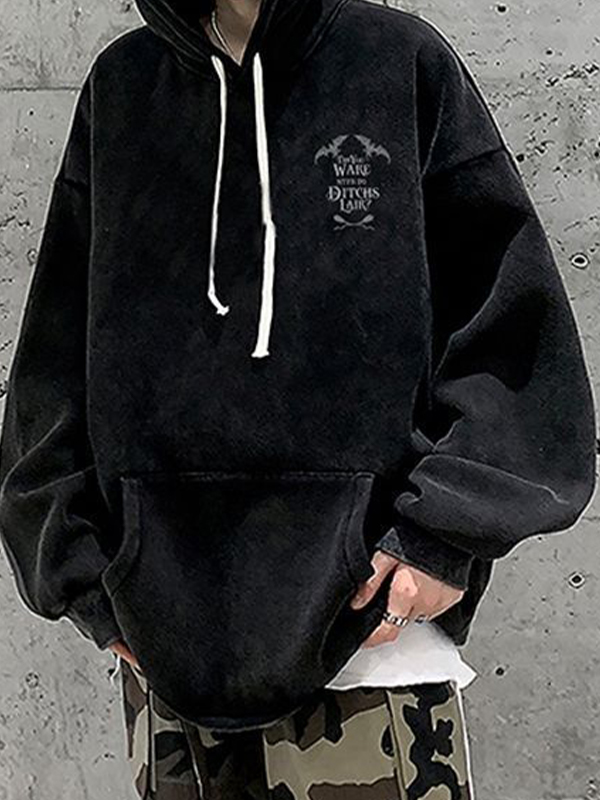 Sudadera extragrande con capucha y estampado lavado desgastado para hombre-1