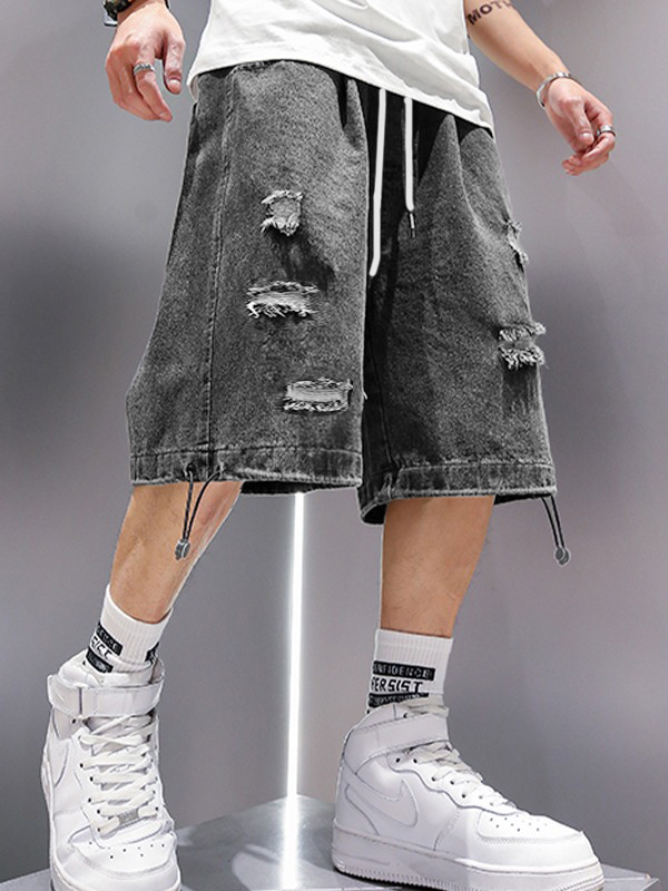 Shorts vaqueros desgastados y lavados para hombre-1